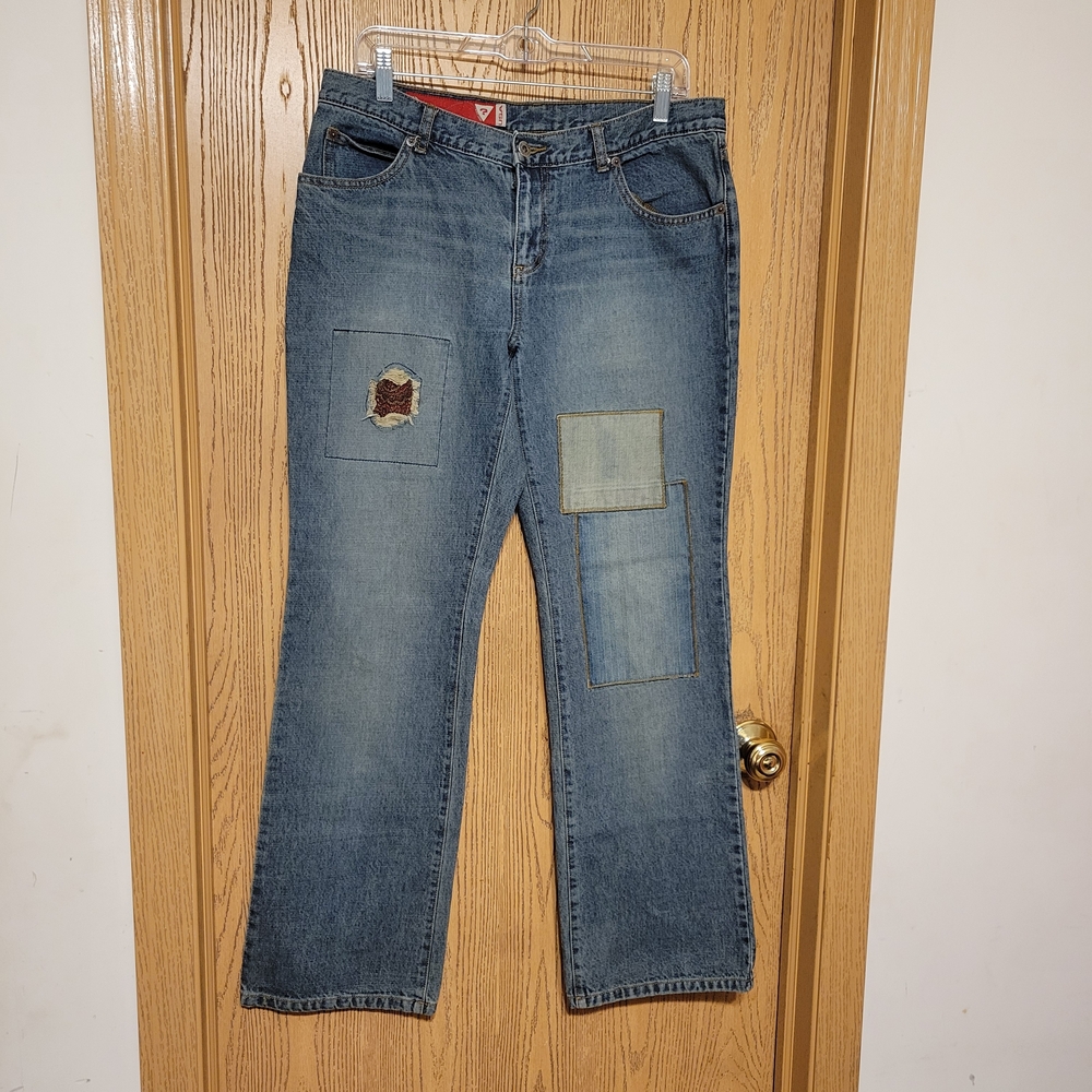Vintage Guess Blue Distressed Denim with Patches Size 32